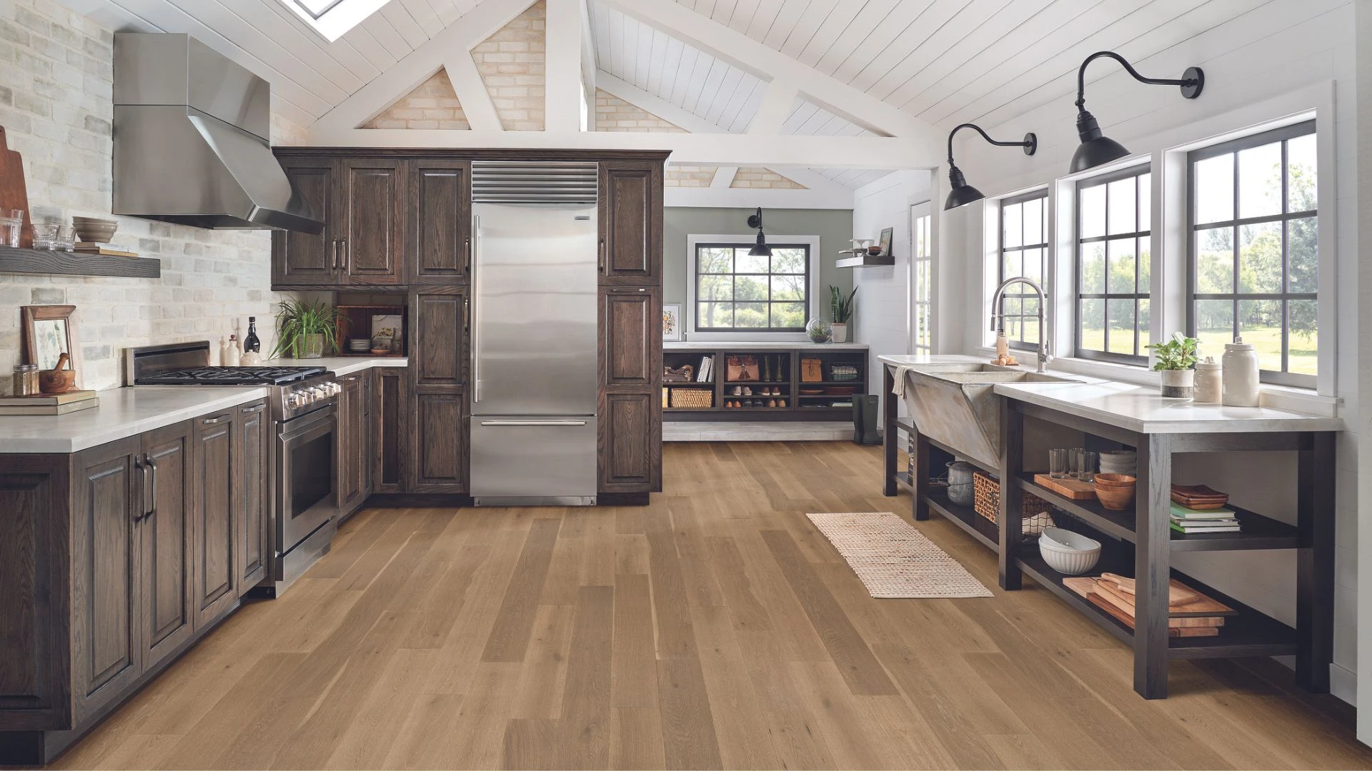 Laminate wood flooring in a rustic kitchen